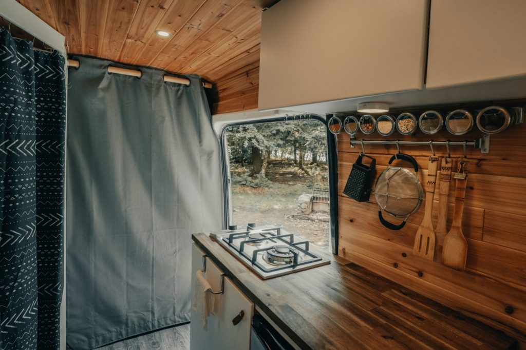 Inside of a camper van, van life